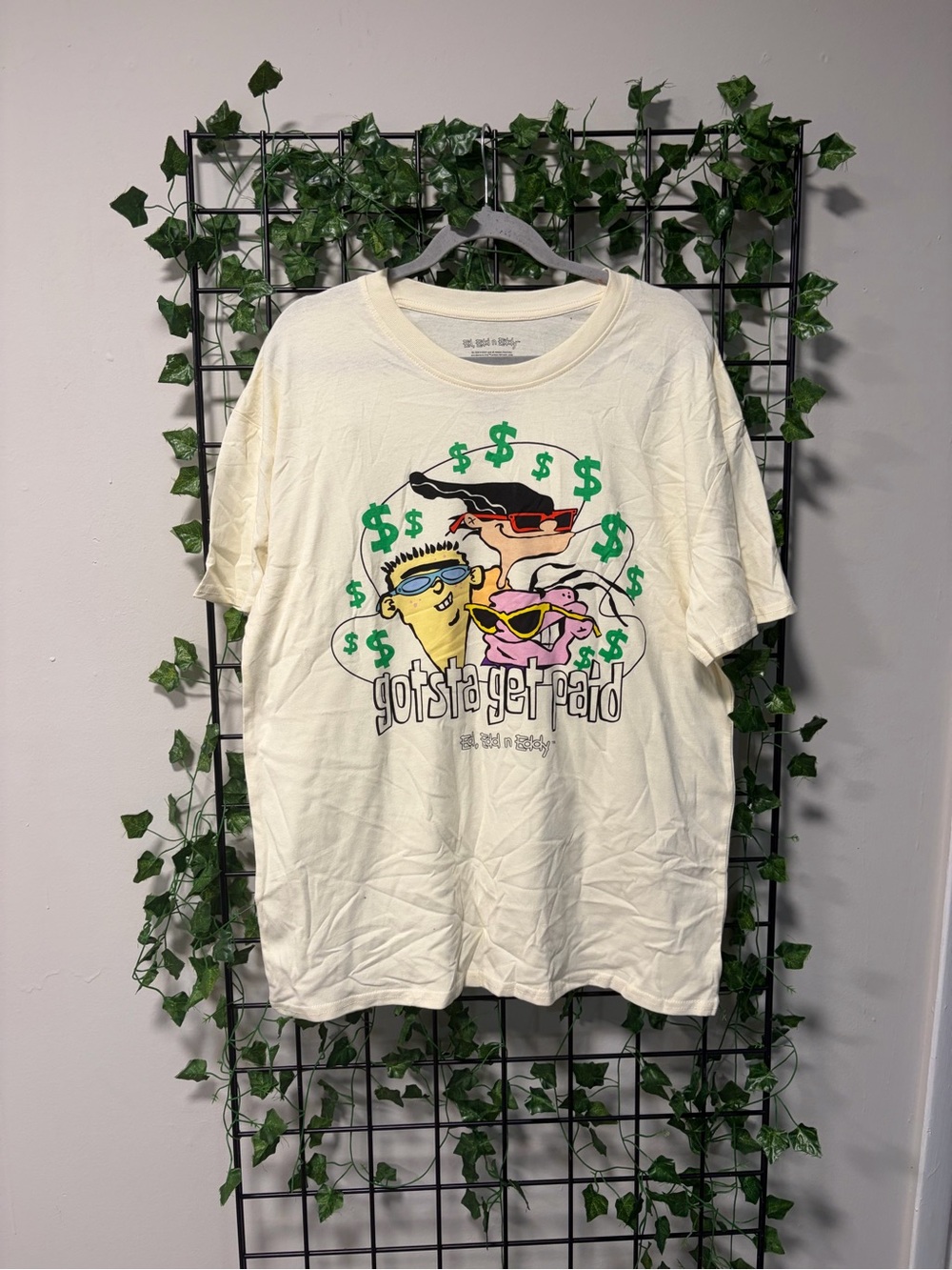 Ed, Edd & Eddie "Gotsta Get Paid" Cartoon Tee in Cream with Neon Accents